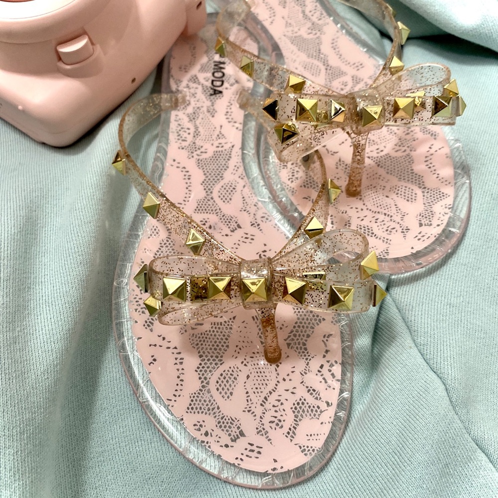Studded Bow Nude Jelly Thong Flip Flops - Picture 3 of 3